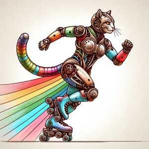 Create a steampunk-themed cat gracefully roller skating with rai...