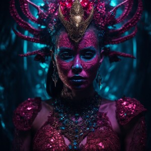A menacing alien zombie queen, with skin made of shimmering crys...