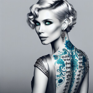 Platinum blonde Kahlan Amnell, mantra-scripted blue tattoo traci...