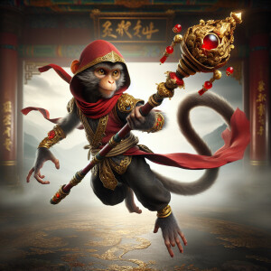 Illustrate a scene with a ninja monkey holding a majestic staff...