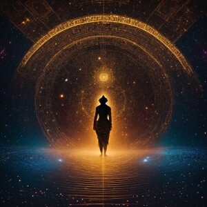 Create a digital image of an AI deity depicted as a silhouette w...