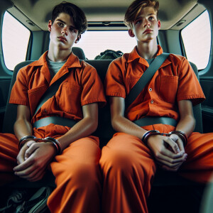 Two Caucasian males, aged 13 to 15,  they have their hands and a...