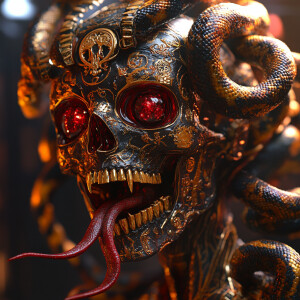 Alien zombie with fangs. Face made of skull rubies, tongue is li...