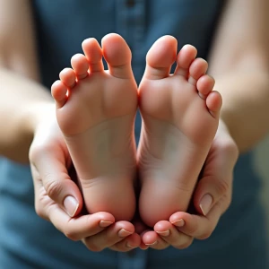 Holding a pair of human feet gently in one's hands, displaying a...