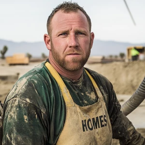 Brian Nobles a real 39 year old Caucasian male who is using  a concrete mixer, he is a  pump operator holding the hose which carries the liquid concrete to the foundation pour, Brian is slowly  beginning his transition into middle age, Brian Nobles is beginning to look like a older middle aged man, he has large reflective blue eyes and a wrinkled brow,Brian has a beard greying balding , prominent large protruding round fat obese belly,,thick greying goatee beard,decreased muscle mass ,very noticeable male pattern balding hairline, Brian Nobles now has a  prominent receding and thinning male hairline (onset male pattern baldness), slightly fat overweight(Caucasian)wearing tight body conforming  glossy satin shiny green and gold tight fitting body conforming UnderArmour athletic bodysuit,emblazoned with the "KD HOMES" real estate logo, standing confidently in front of a newly completed constructed new KD HOME in Victorville California in a raw desert landscape. Brian has a protruding fat obese muscular physique, large male bulge, fat obese muscular frame , shows a substantial frame with a noticeable mature hairline and expressive eyes. His workman’s  pose should reflect his experience in his trade.