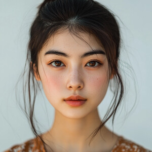 A 22-year-old cute Japanese woman with a clean face, looking str...