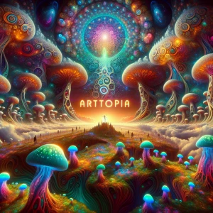 A hyper-detailed psychedelic vertical landscape of a surreal, mi...