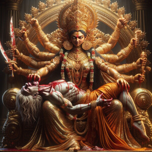 photograph of angry looking goddess durga sitting on a gold crown and carrying a weak mahishasur on her lap and poking him with her amazingly long red fingernails. She is wearing gold armor, a huge gold crown, gold saree, abundant  gold jewelry, covered in blood. The scene is set in ancient India. The image is 8K resolution, cinematic, photography, ultra detailed face and epic.