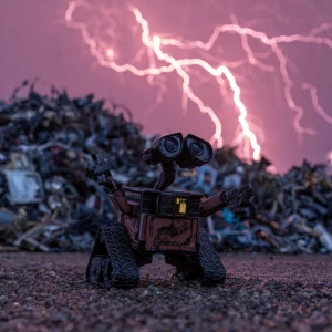 A small black silhouette of a robot that looks like a wall-e get...