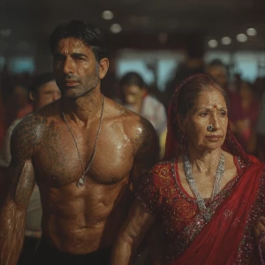Hyperrealism photo painting,A sweaty beefy kashmiri man walking...