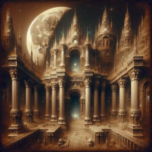 Amidst the shadows of the moon, a opulently decaying lunar palac...