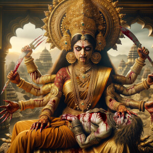 portrait of angry looking, four-armed indian goddess  sitting on a gold crown and carrying a weak mahishasur on her lap and poking his abdomen with her amazingly long red fingernails . She is wearing gold armor, a huge gold crown, gold saree, abundant  gold jewelry, covered in blood. The scene is set in ancient India. The image is 8K resolution, cinematic, photography, ultra detailed face and epic.