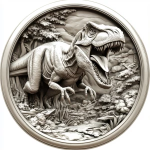 Tyrannosaurus rex, grayscale 3d bas relief, round border