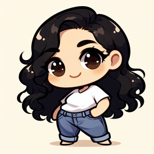 A cartoon chibi-style character of a cheerful, plump girl with l...