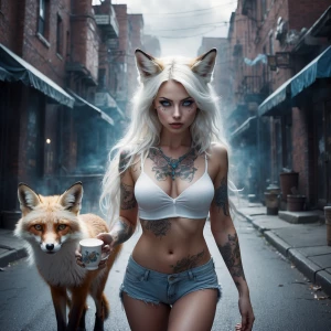 A gorgeous female fox with blue eyes and white fur, wearing an o...