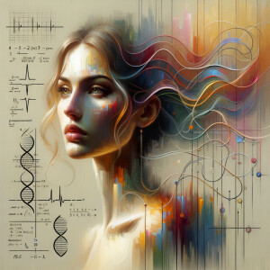 Abstract, minimalist, painting, with pencil line, paint stroke, gestures, colorful marks, mathematical equations, electrical cardiogram, printouts complex math formulas, dna asian teen girl