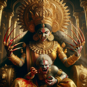 photograph of angry looking goddess durga sitting on a gold crown and carrying a weak mahishasur on her lap and poking him with her amazingly long red fingernails. She is wearing gold armor, a huge gold crown, gold saree, abundant  gold jewelry, covered in blood. The scene is set in ancient India. The image is 8K resolution, cinematic, photography, ultra detailed face and epic.