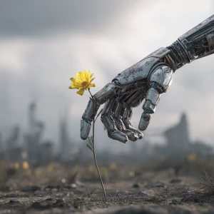 the robot's metal finger touches the yellow petals of the flower...