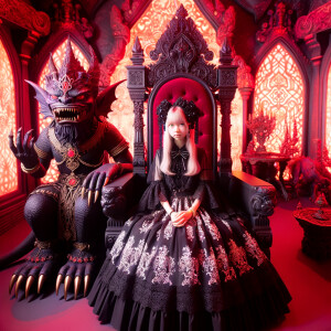 A girl with elegant gothic lolita dress sit beside Lucifer on the throne, red background