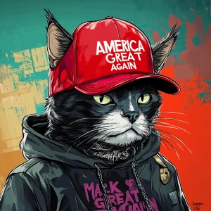 A humanoid cat character wearing a red baseball cap with "MAKE A...