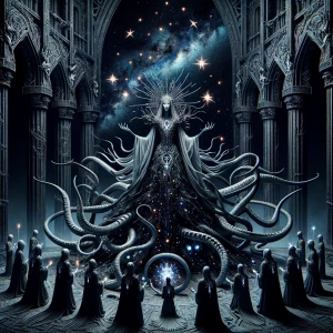 "Inside a colossal temple carved from black stone and bone, the...