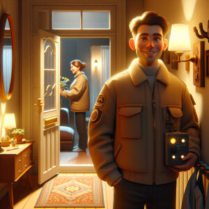 "Create a scene depicting the sixth frame. Show the interior of...