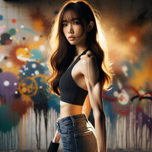 Athletic Thin skinny Attractive, Asian teenage girl, long brown hair and bangs, wearing tight skinny jeans and a halter top paint marks on her clothing, heroic pose Asian graffiti background, backside view