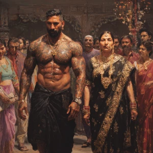 Hyperrealistic oil painting .a muscular beefy sweaty tattoed ind...
