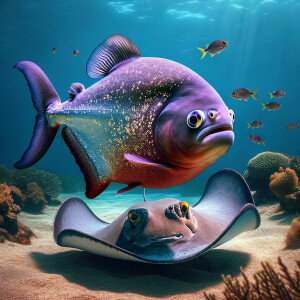 Purple lime piranha no teeth playing with a stingray