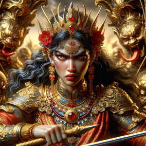 Portrait of gorgeous and angry goddess durga slaying mahishasur. intricately detailed depiction of a goddess. gold jewelry all over body. sharp nose, light skin, beautiful brown eyes, wavy black hair, red lips, slim body, red clothing, muscled limbs, ultra detailed body. uhd, hdr, 64k, epic scene. Photography