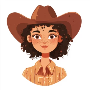 A diverse cowgirl character with curly hair and freckles, wearin...