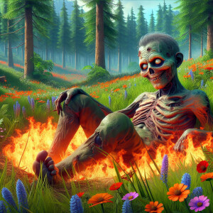 A cute zombie in the forest, laying on burning grass, enjoying t...
