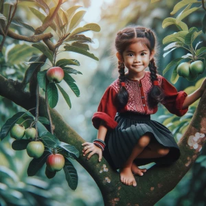 seorang anak Indonesia perempuan kecil berbaju merah, memakai ro...
