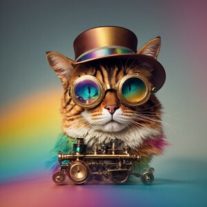 Create a whimsical illustration of a cat in a steampunk theme, a...