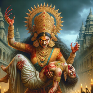 portrait of angry looking goddess durga  carrying a weak mahishasur in her arms and poking him with her amazingly long red fingernails. She is wearing a huge gold crown, white saree, abundant  gold jewelry, covered in blood. The scene is set in ancient India. The image is 8K resolution, cinematic, ultra detailed face and epic.