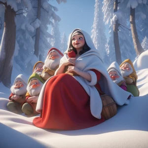 The Seven Dwarves find Snow White in a peaceful slumber, a sheer...