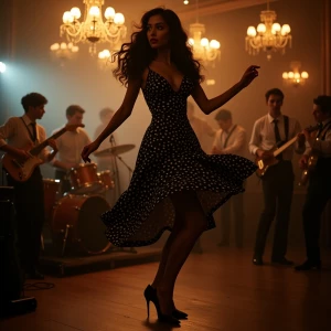 A dynamic, cinematic shot taken on a Leica M10 with a 35mm f/1.4 lens. Dahlia Valentina (DahliaValentina_ai) (fit tall supple well endowed tanned Italian American model with long wavy black hair) swings effortlessly in a late-night 1940s jazz club, her polka-dot dress billowing as she is spun into an aerial move by her dance partner. Her expression is joyful, her black heels barely touching the wooden floor. The dimly lit club, filled with vintage chandeliers, brass instruments, and smoky silhouettes, creates a moody yet vibrant energy. A live band plays in the background, the brass gleaming under soft amber lighting. Her hair flows as she moves, exuding playful charm. The photograph captures the pure joy of swing dancing—fast, fluid, and effortlessly stylish.”