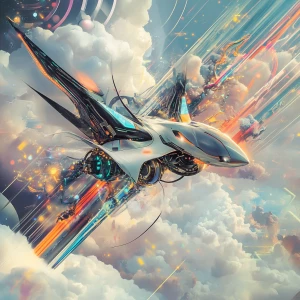 An alien hybrid inspired by Aeropittura art, depicted soaring th...