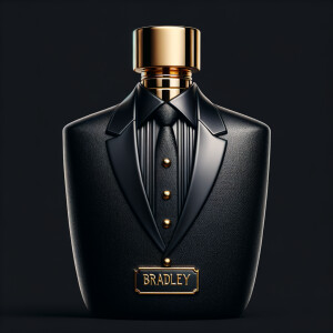 Create a realistic, 3-D cologne bottle That looks like a black Gucci tuxedo with a gold top and the name Bradley written in gold letters