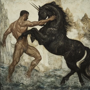 Unicorn-man fighting the black stallion