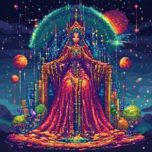 Create a 16-bit pixel art portrait of a majestic celestial empre...