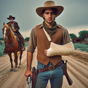 An old west cowboy standing in the middle of the road, in the m...