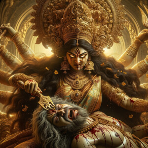 portrait of angry looking goddess durga sitting on a gold crown and carrying a weak mahishasur on her lap and stabbing him with her amazingly designed trident. She is wearing gold armor, a huge gold crown, gold saree, abundant  gold jewelry, covered in blood. The scene is set in ancient India. The image is 8K resolution, cinematic, ultra detailed face and epic.