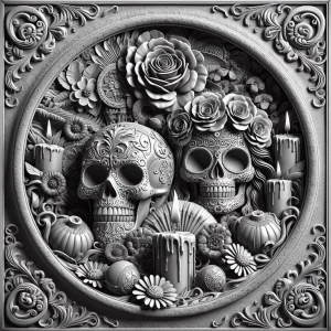 Day of the Dead, grayscale 3d bas relief, round border