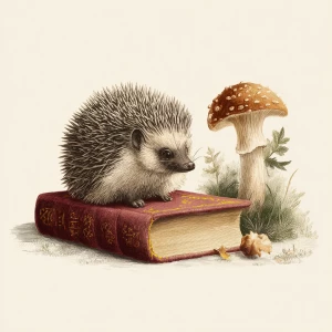Gray hedgehog sitting beside brown mushroom, vintage book illust...