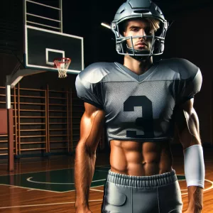 Liven McAllister in football helmet on a basketball court