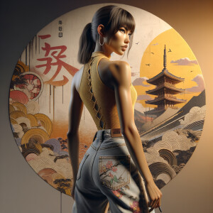 Athletic Thin skinny Attractive, Asian teenage girl, long brown hair and bangs, wearing tight skinny jeans and a halter top paint marks on her clothing, heroic pose Asian graffiti background, backside view