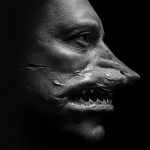 A  man's face transforming into a shark's snout.