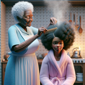 Create a realistic 3-D image of an african-American grandmother wearing a blue house dress and a white apron . She is in the kitchen with her african-American granddaughter. Her granddaughter is wearing a pink bath robe. The grandmother has a hot comb in her hand and she is straightening her granddaughters hair. One side of her granddaughters hair is in  a Afro the other straight 
There is smoke coming from the hot comb
The granddaughter is making a face