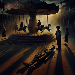 An abandoned playground. The unconscious boy is sitting on the c...